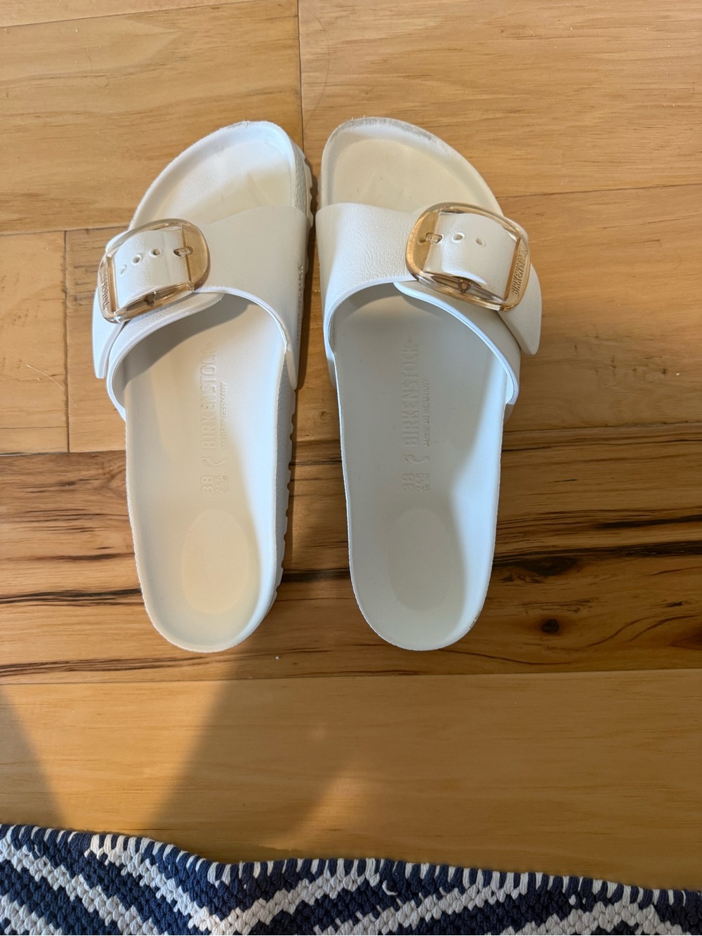 Birkenstock White Madrid EVA Slide Sandals with Gold Buckles